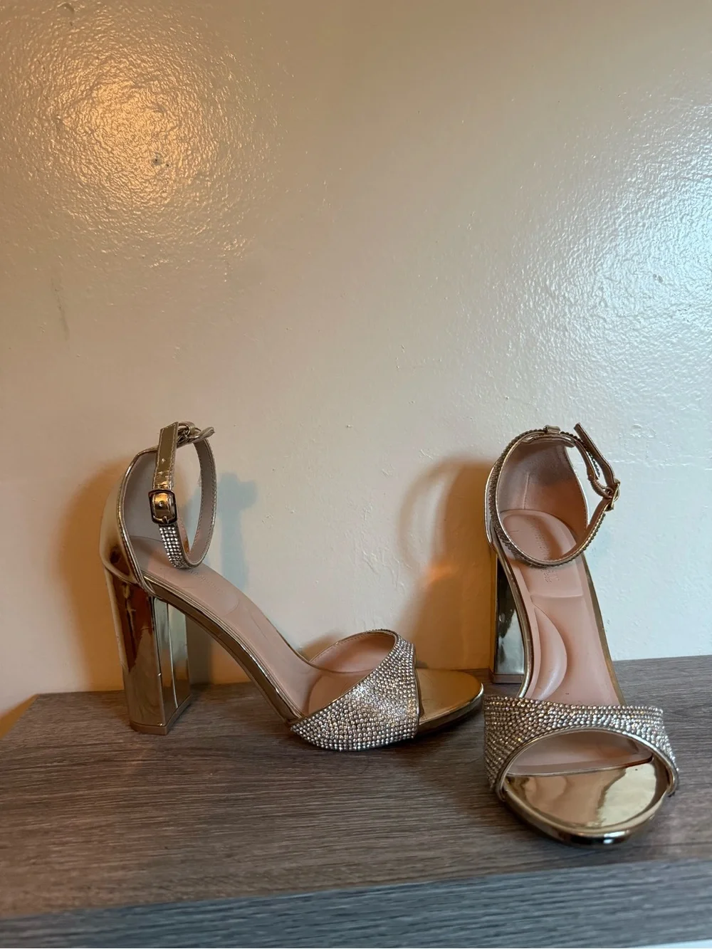Gold Rhinestone Ankle-Strap Block Heel Sandals - Women